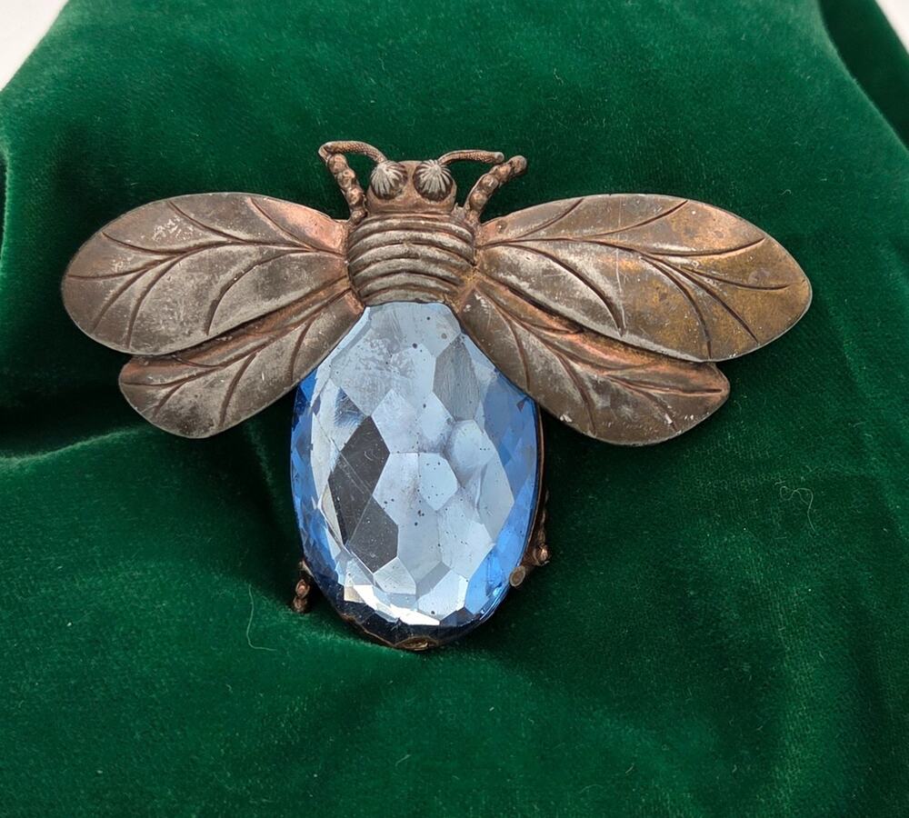 Vintage Garrison Fads Inc Big Bee Brooch Pin Blue Crystal Insect AS IS Flaw